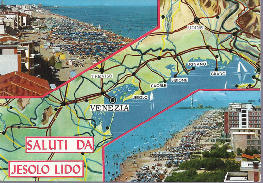 JESOLO LIDO - SALUTI - 2 VEDUTE + CARTA STRADALE - V 1966 - 