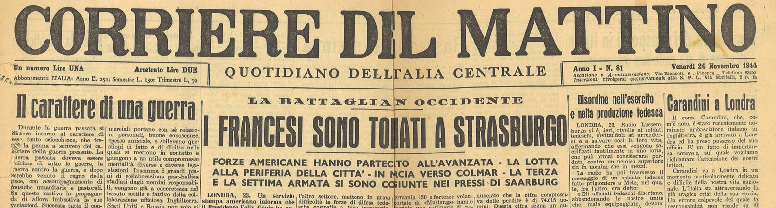CORRIERE DEL MATTINO - 24 NOVEMBRE 1944 - STRASBURGO - COMBATTIMENTI RAVENNA