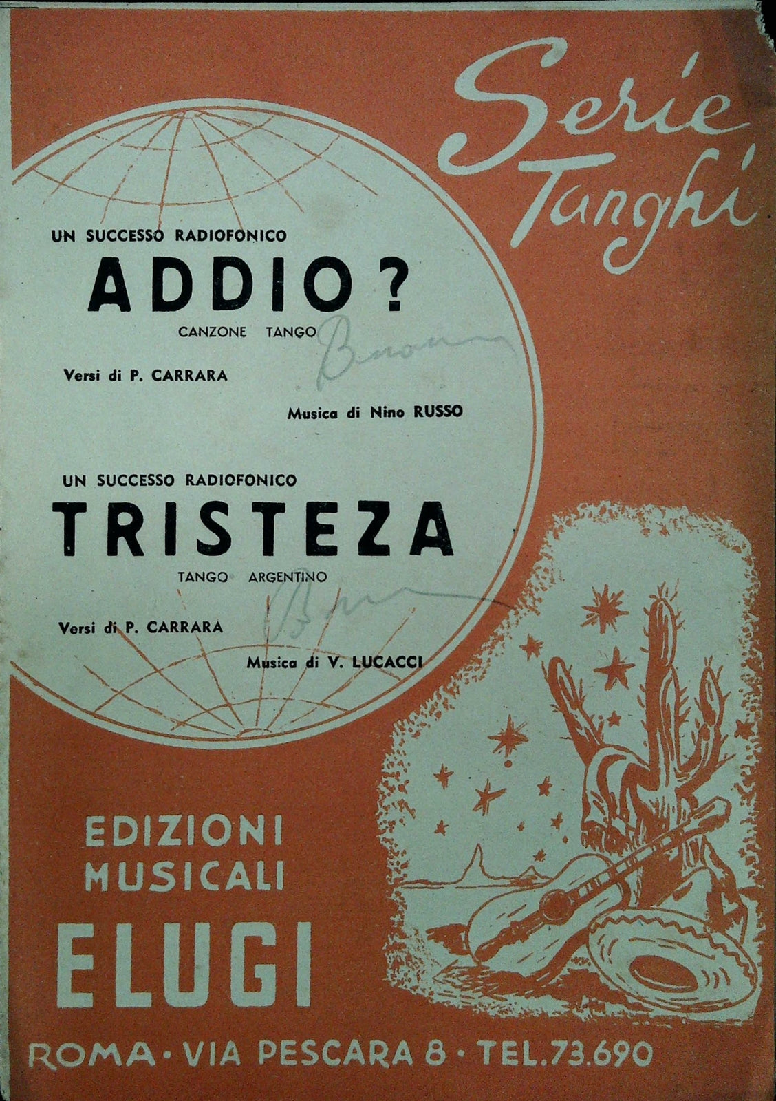 ADDIO. CANZONE TANGO - TRISTEZA. TANGO ARGENTINO - SPARTITO-SHEET MUSIC