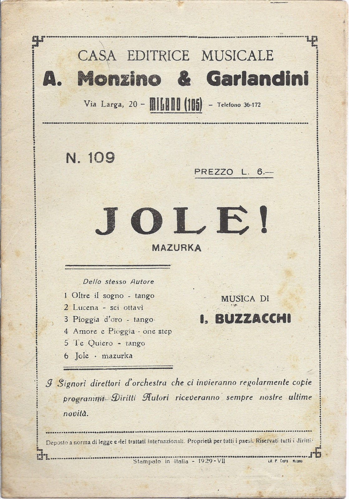 JOLE! ( I. Buzzacchi )  mazurka # SPARTITO - Ediz. A. Monzino & Garlandini