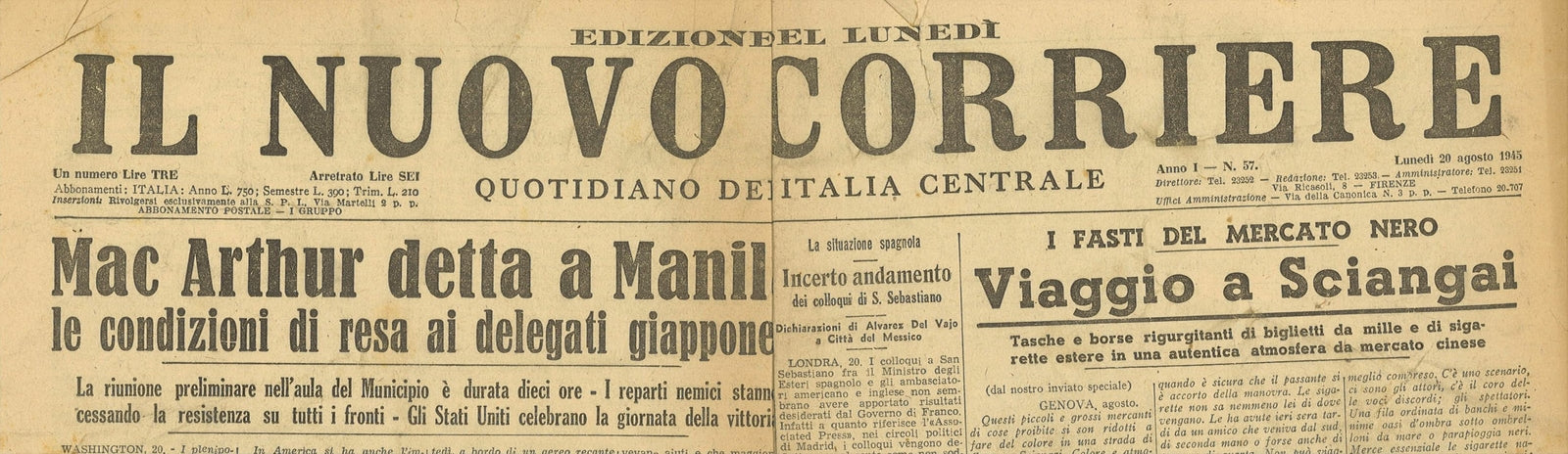 CORRIERE DEL MATTINO  AGOSTO 1945 - MAC ARTHUR E RESA GIAPPONE