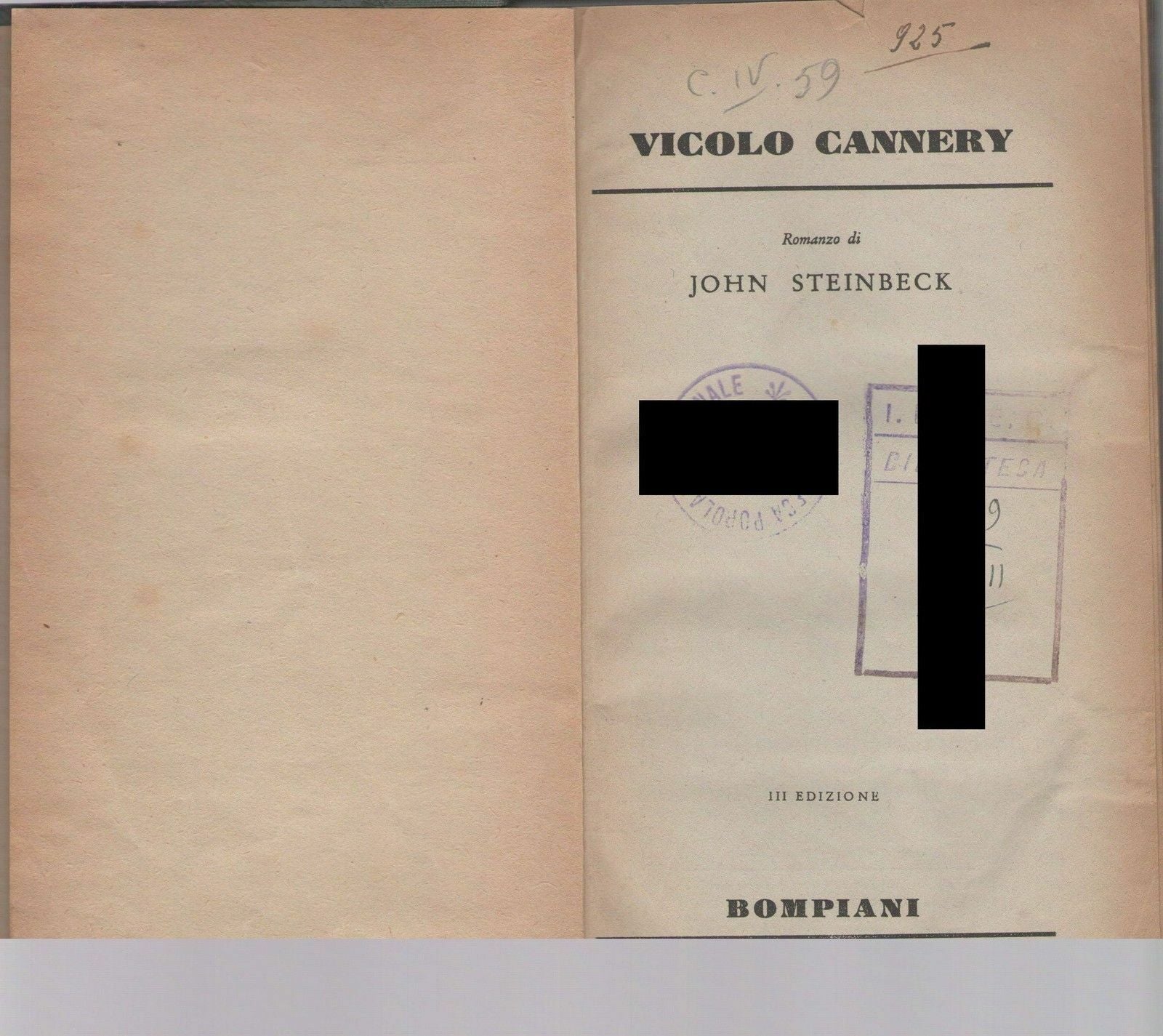 VICOLO CANNERY - JOHN STEINBACK   BOMPIANI 1947