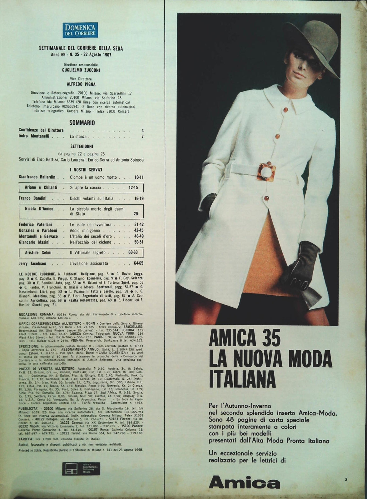 DOMENICA DEL CORRIERE 22 AGOSTO 1967-ADDIO MINIGONNA-LA NOTTE DEI DISCHI VOLANTI
