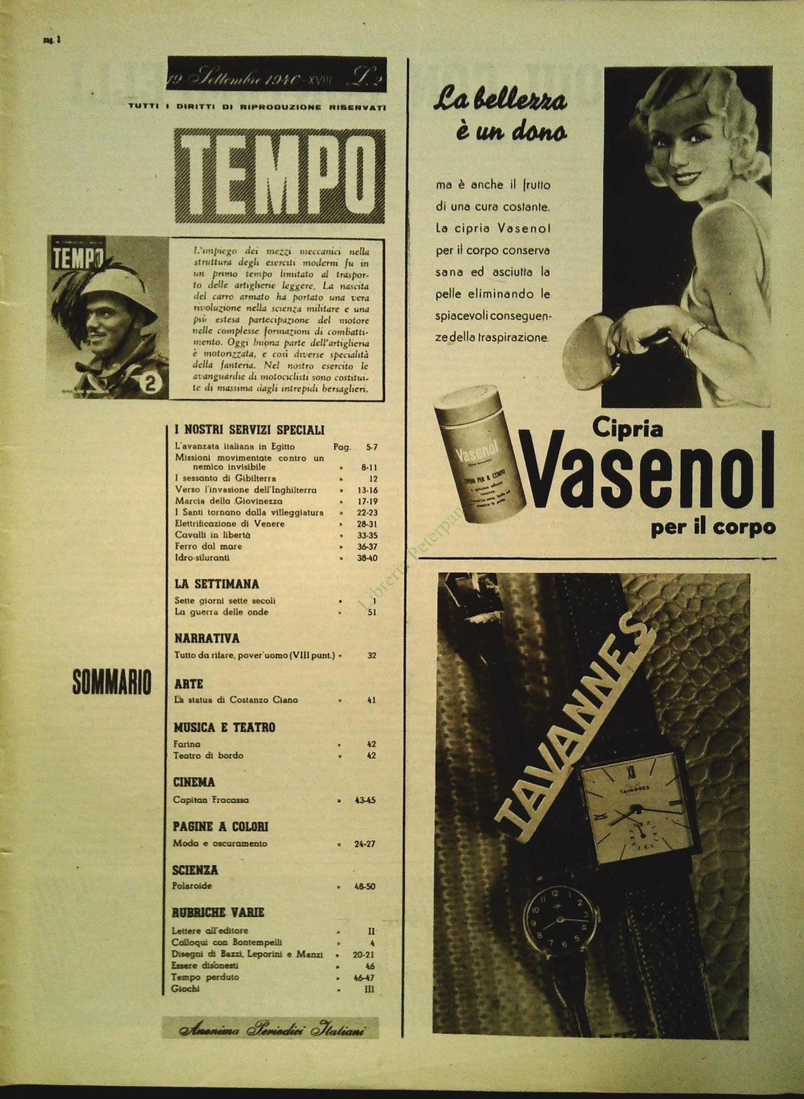 TEMPO N. 69 - 19 SETTEMBRE 1940 - AVANZATA IN EGITTO - INVASIONE INGHILTERRA