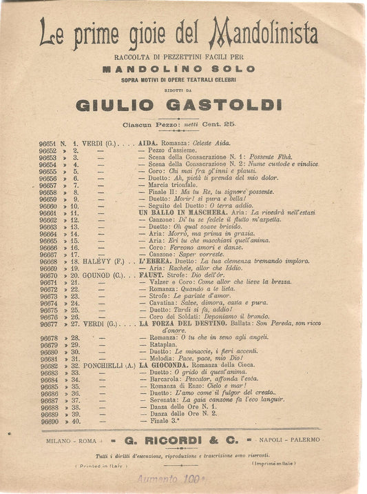 MEFISTOFELE. COLMA IL TUO CUOR D'UN PALPITO -SOLO MANDOLINO-SPARTITO-SHEET MUSIC