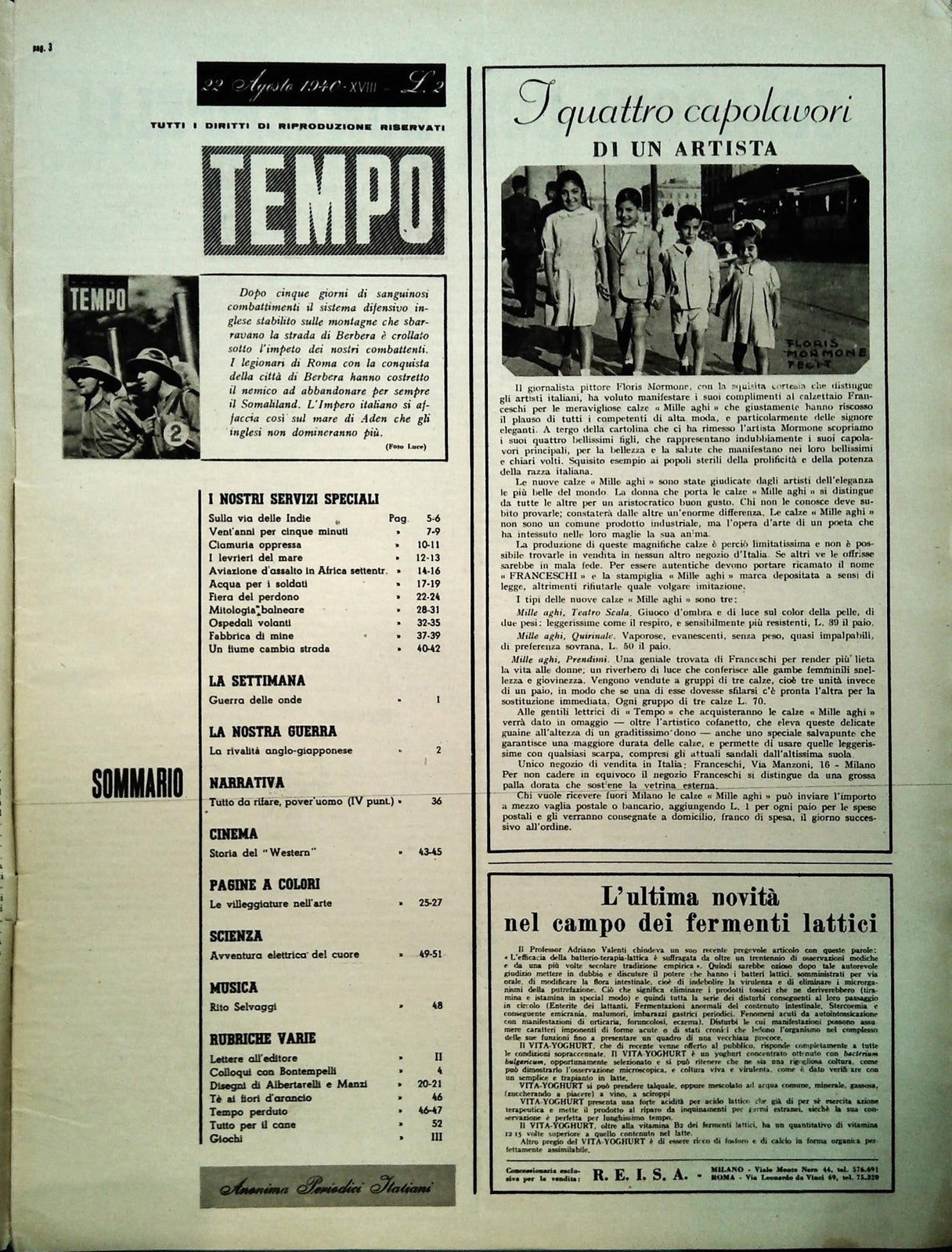 TEMPO N. 65 - 22 AGOSTO 1940-AVIAZIONE D'ASSALTO-ACQUA PER I SOLDATI-DRIZZAGNO
