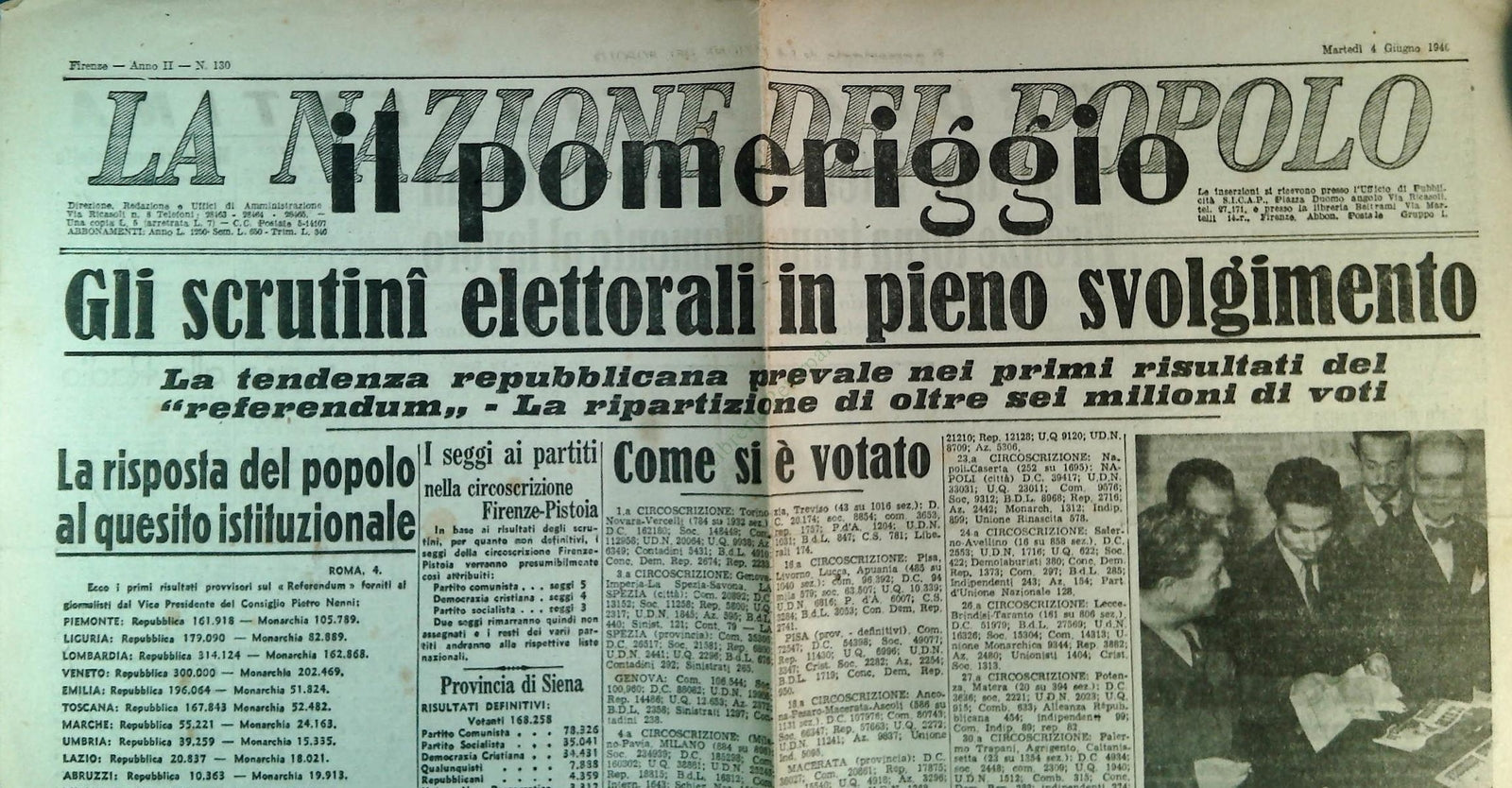 LA NAZIONE DEL POPOLO 4 GIUGNO 1946 - ED .POMERIGGIO - SCRUTINI ELETTORALI