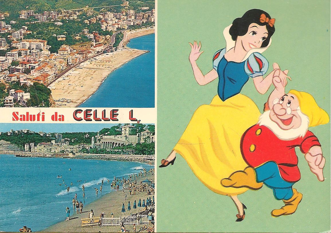 SALUTI DA CELLE LIGURE - DUE IMMAGINI CON BIANCANEVE E DOTTO - V