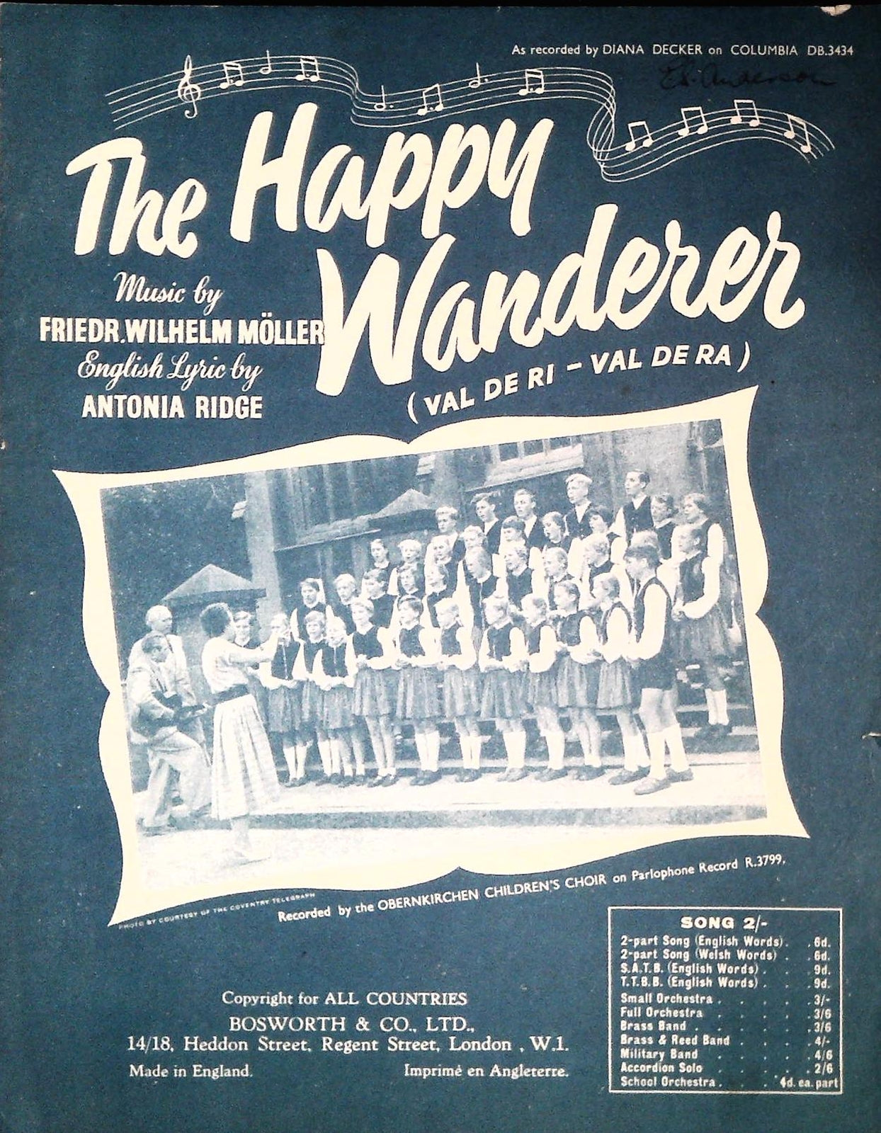 THE HAPPY WANDERER - SPARTITO-SCHEET MUSIC