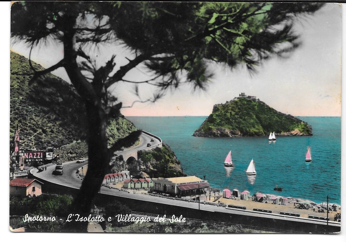 SPOTORNO - L'ISOLOTTO E IL VILLAGGIO DEL SOLE - V1958 - ACQUARELLATA