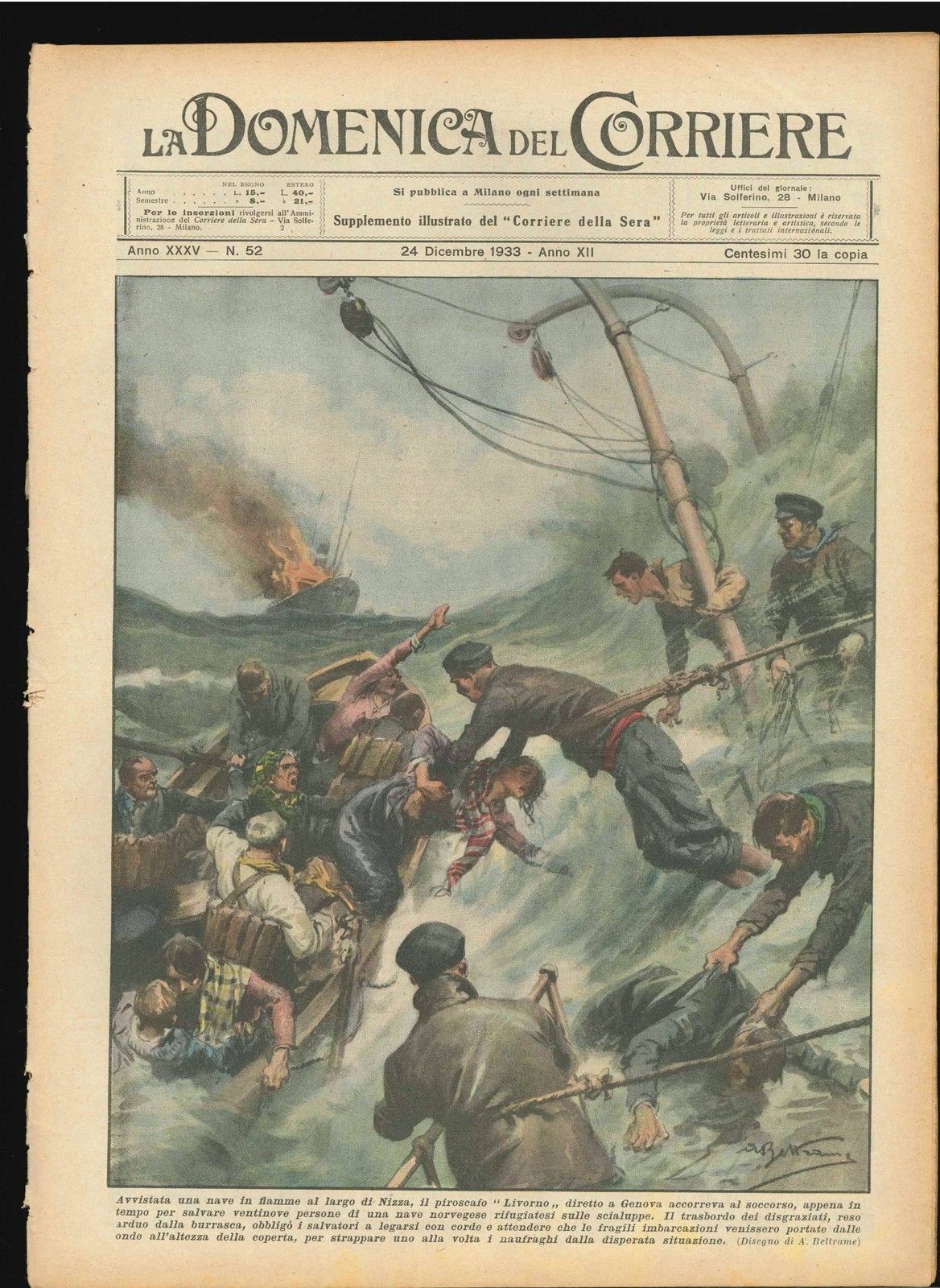 DOMENICA DEL CORRIERE N 52 - 24 DICEMBRE 1933 - ILL. A BELTRAME