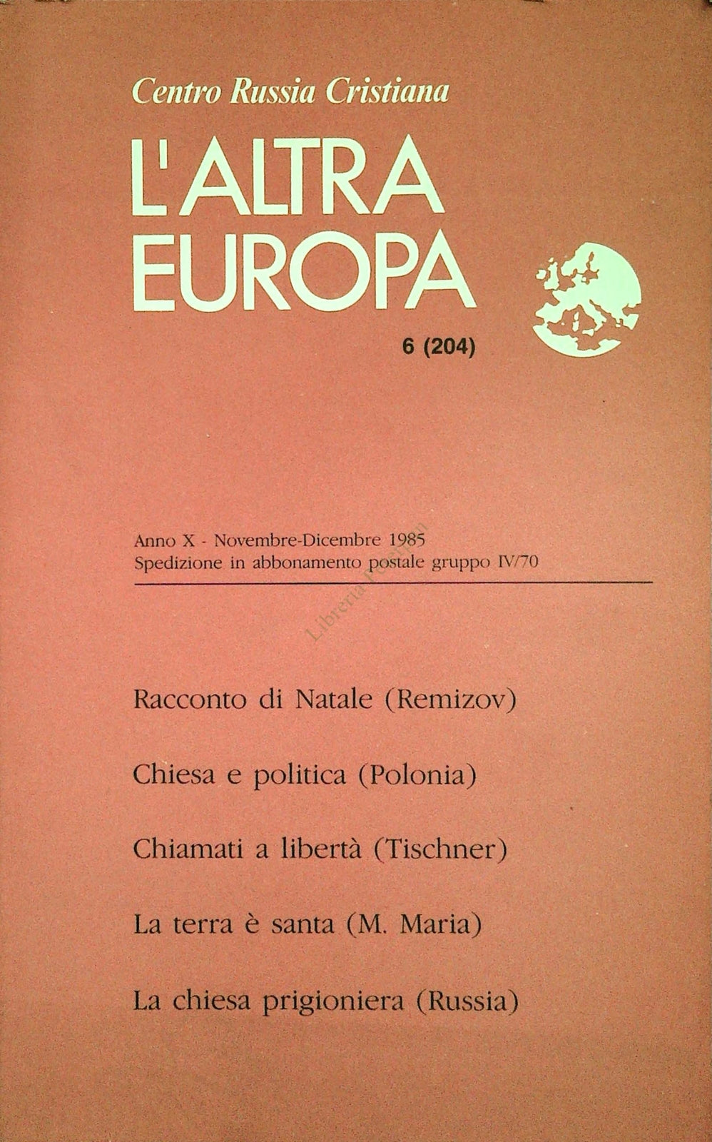 L'ALTRA EUROPA N. 204 - NOVEMBRE-DICEMBRE 1985 - CENTRO RUSSIA CRISTIANA