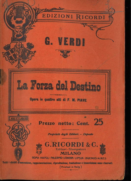 LA FORZA DEL DESTINO - G. VERDI-F.M. PIAVE  LIBRETTO D'OPERA