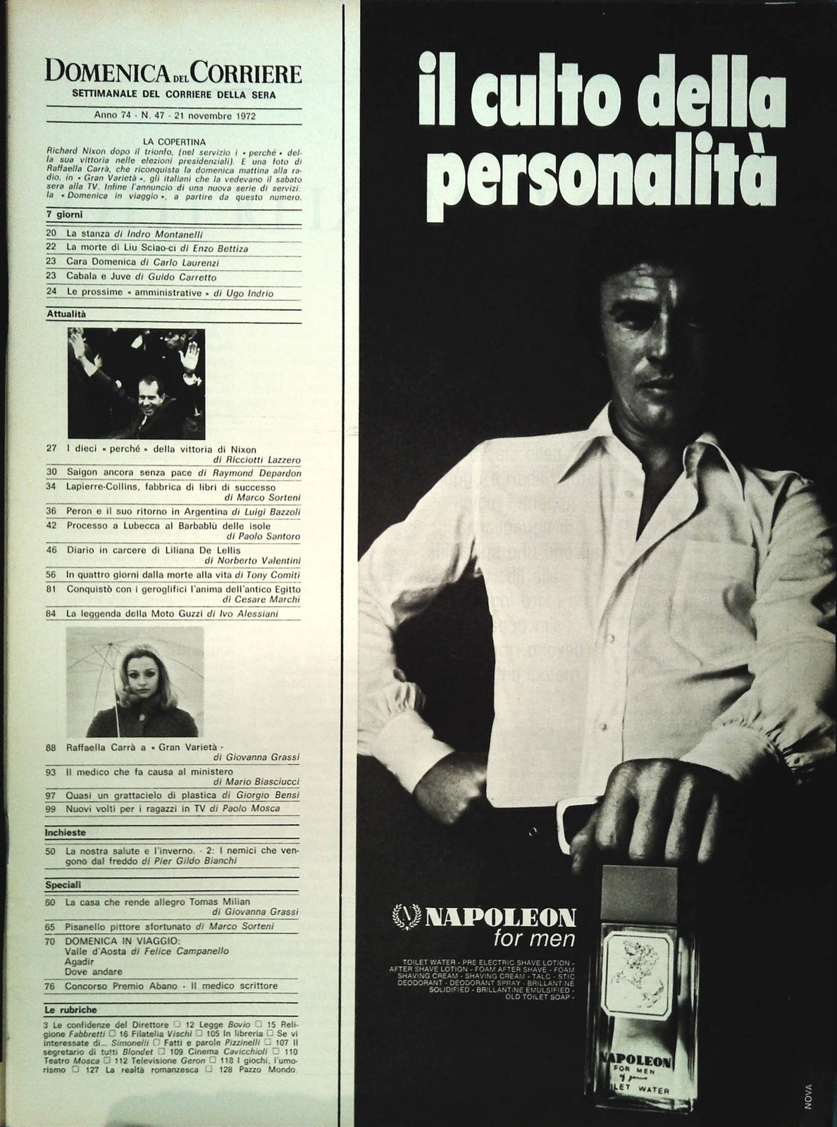 DOMENICA DEL CORRIERE 21 NOVEMBRE 1972 - VITTORIA NIXON - RAFFAELLA CARRA'