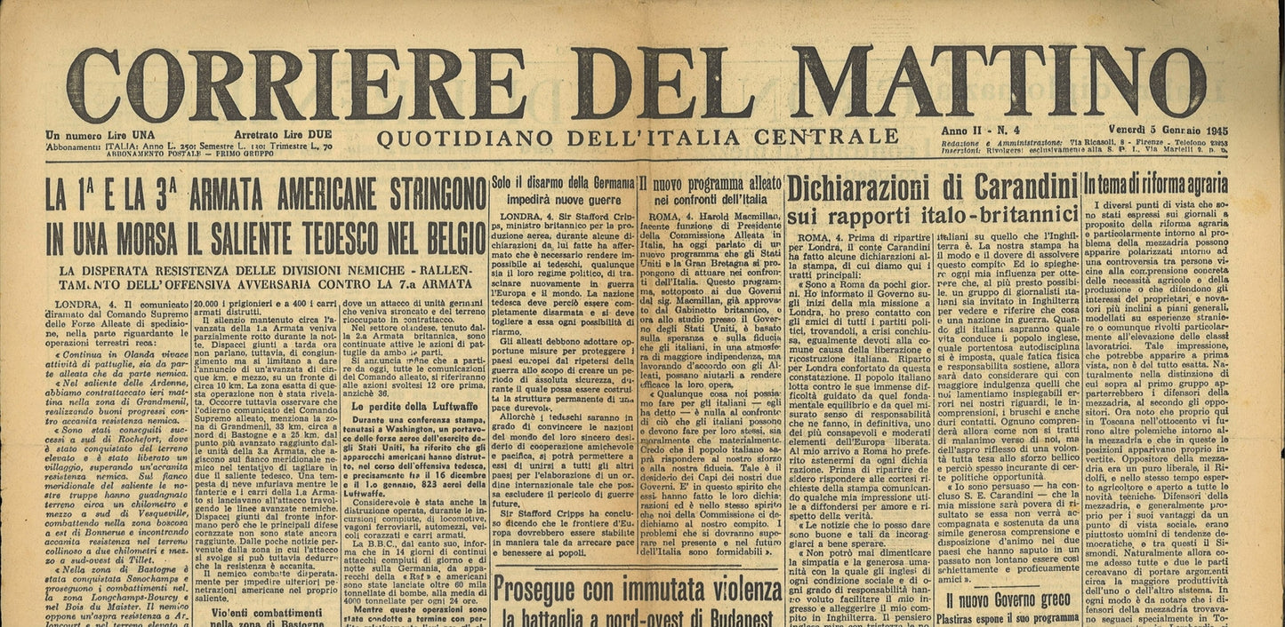 IL CORRIERE DEL MATTINO 5 GENNAIO 1945 -OFFENSIVA BELGIO E BUDAPEST