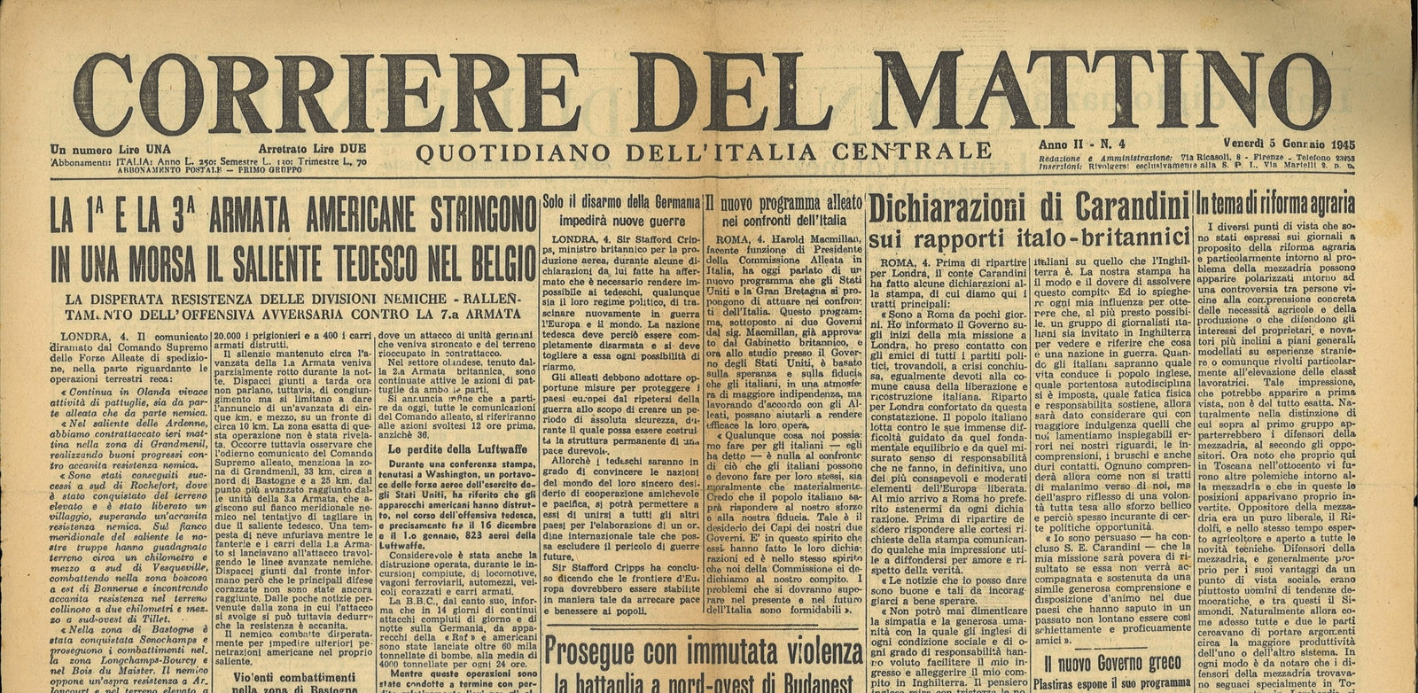 IL CORRIERE DEL MATTINO 5 GENNAIO 1945 -OFFENSIVA BELGIO E BUDAPEST