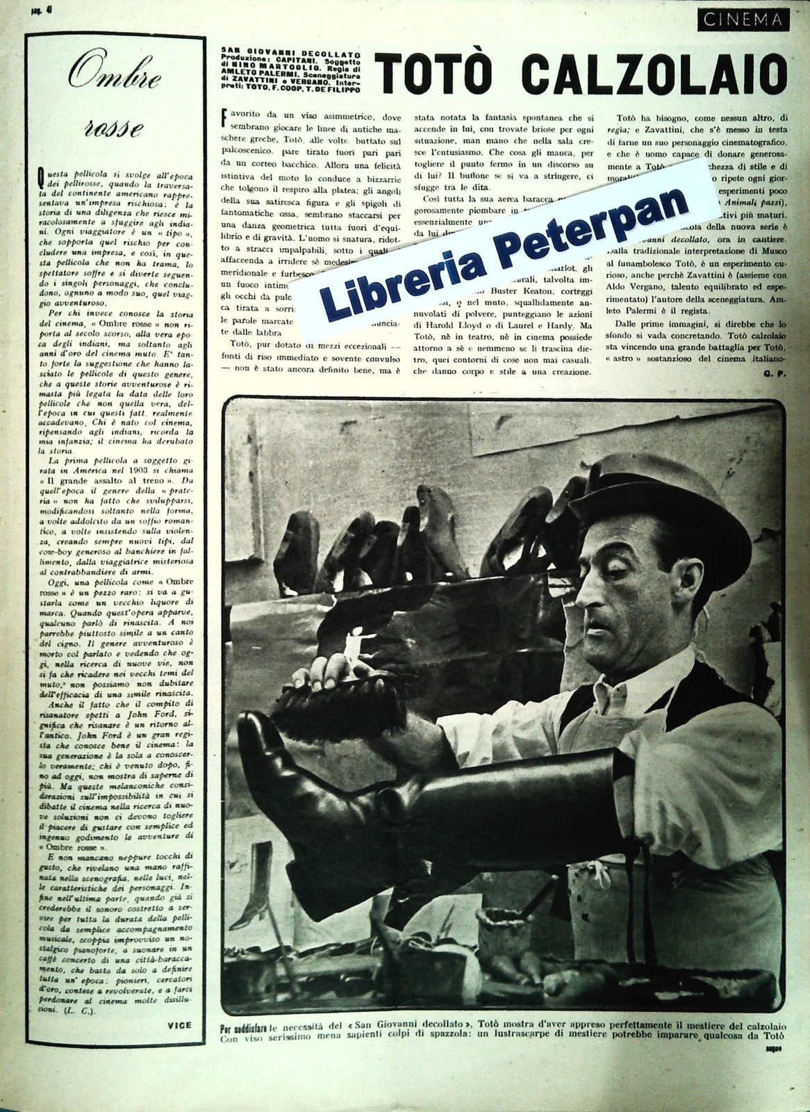 TOTO' CALZOLAIO - TEMPO NOVEMBRE 1940 - CLIPPING-RITAGLIO DI GIORNALE