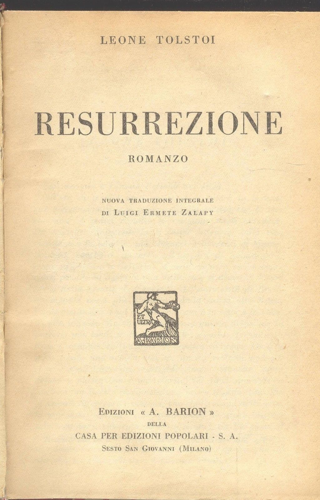 RESURREZIONE - LEONE TOLSTOI - ED. BARION 1936