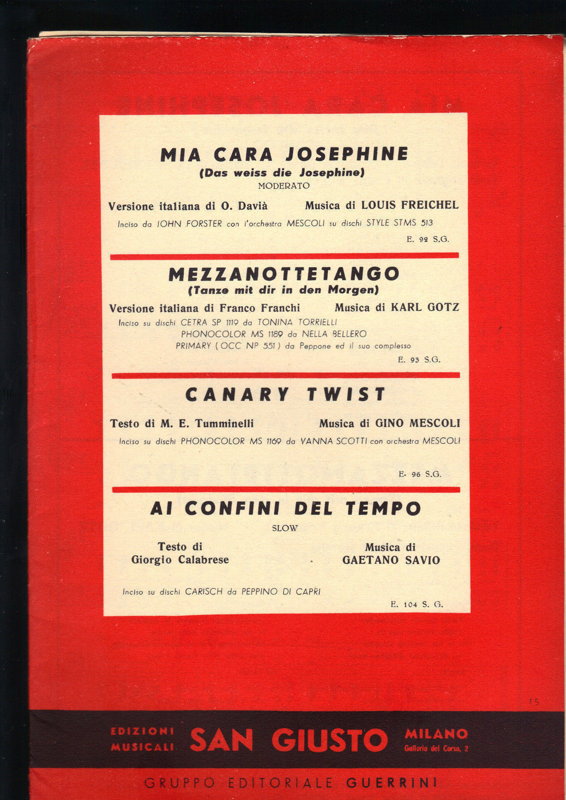 MIA CARA JOSEPHINE, MEZZANOTTETANGO, CANARYTWIST, AI CONFINI DEL TEMPO# SPARTITO