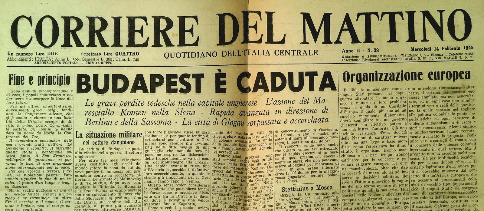CORRIERE DEL MATTINO 14 FEBBRAIO 1945 - BUDAPEST E' CADUTA- FRONTE DI KLEVE