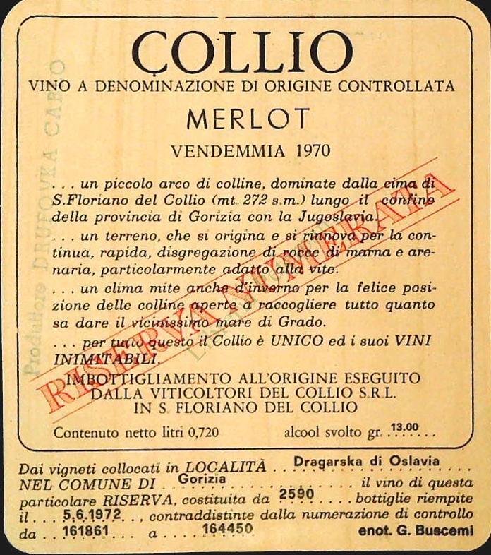 COLLIO - MERLOT - 1970 - ETICHETTA VINO