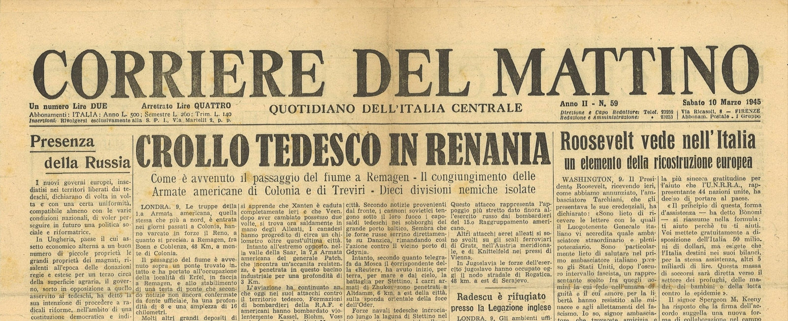 CORRIERE DEL MATTINO 10 MARZO 1945 - SFONDAMENTI IN RENANIA - INGLESI A RANGOON