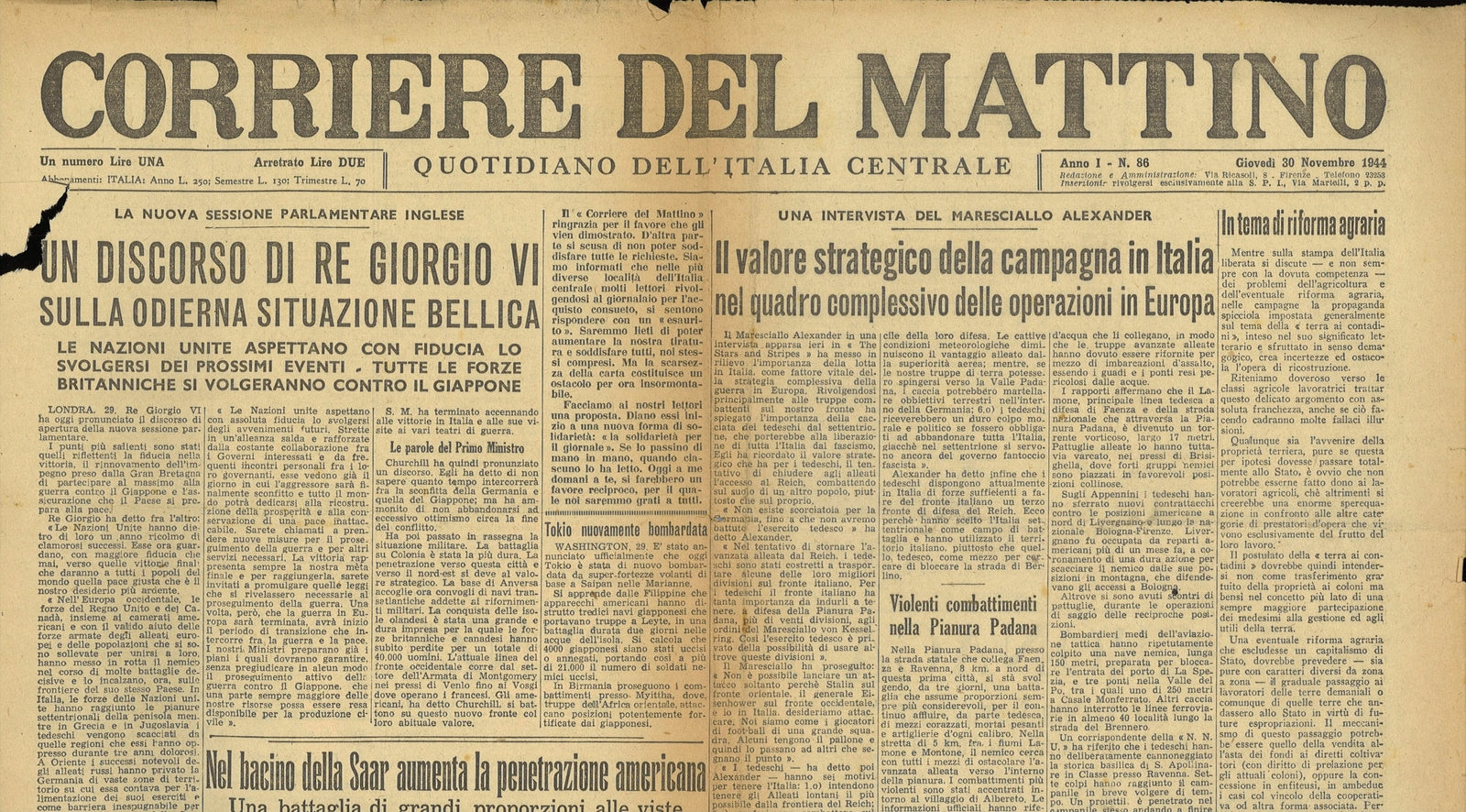 CORRIERE DEL MATTINO 30 NOVEMBRE 1944 - DISCORSO RE GIORGIO VI-BACINO DELLA SAAR