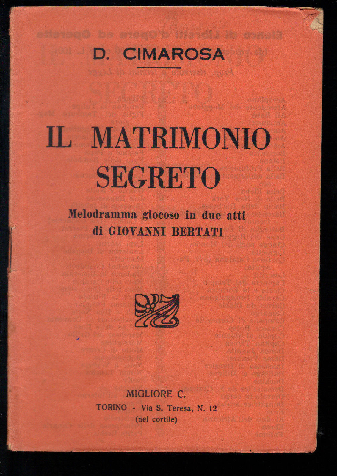 IL MATRIMONIO SEGRETO - D. CIMAROSA # LIBRETTO D'OPERA - G. BERTATI
