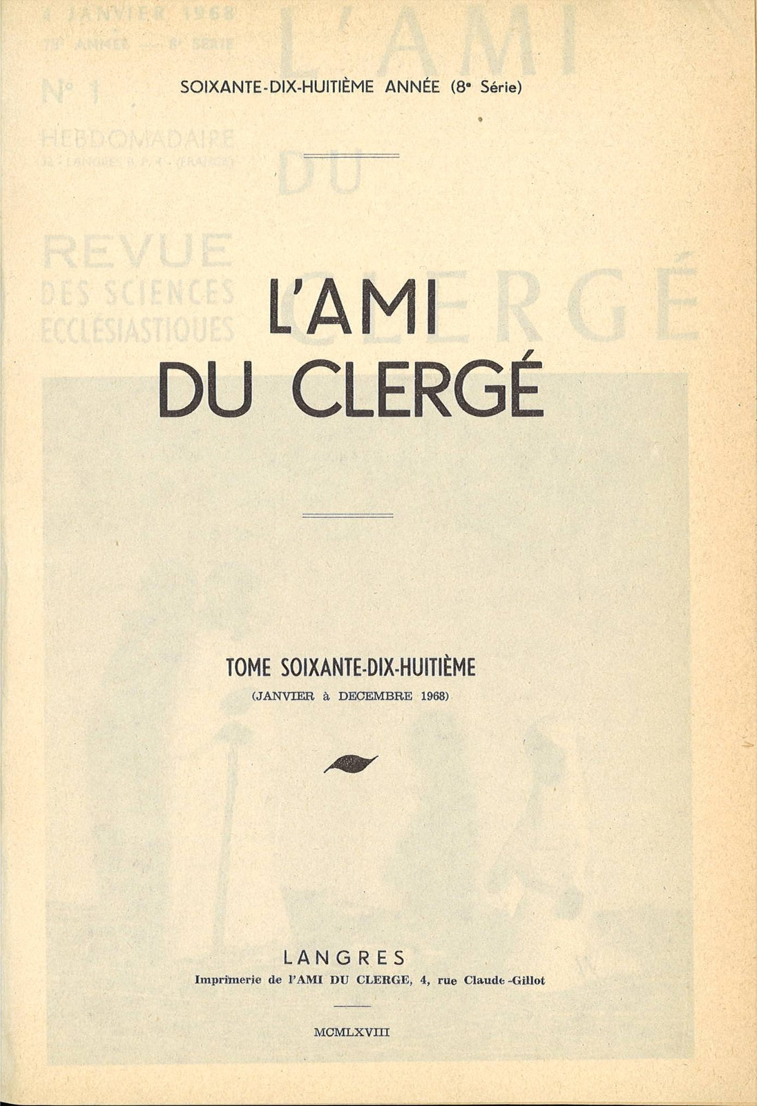 L'AMI DU CLERGE' - ANNATA 1968   FRENCH TEXT