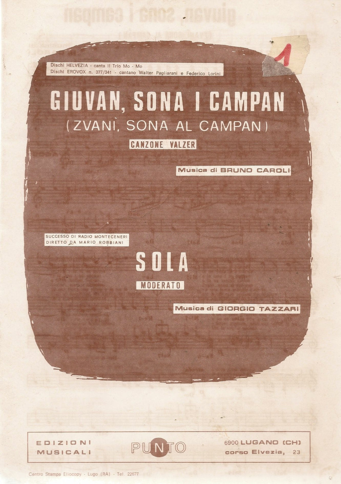 GIUVAN SONA I CAMPAN - SOLA - SPARTITO-SHEET MUSIC