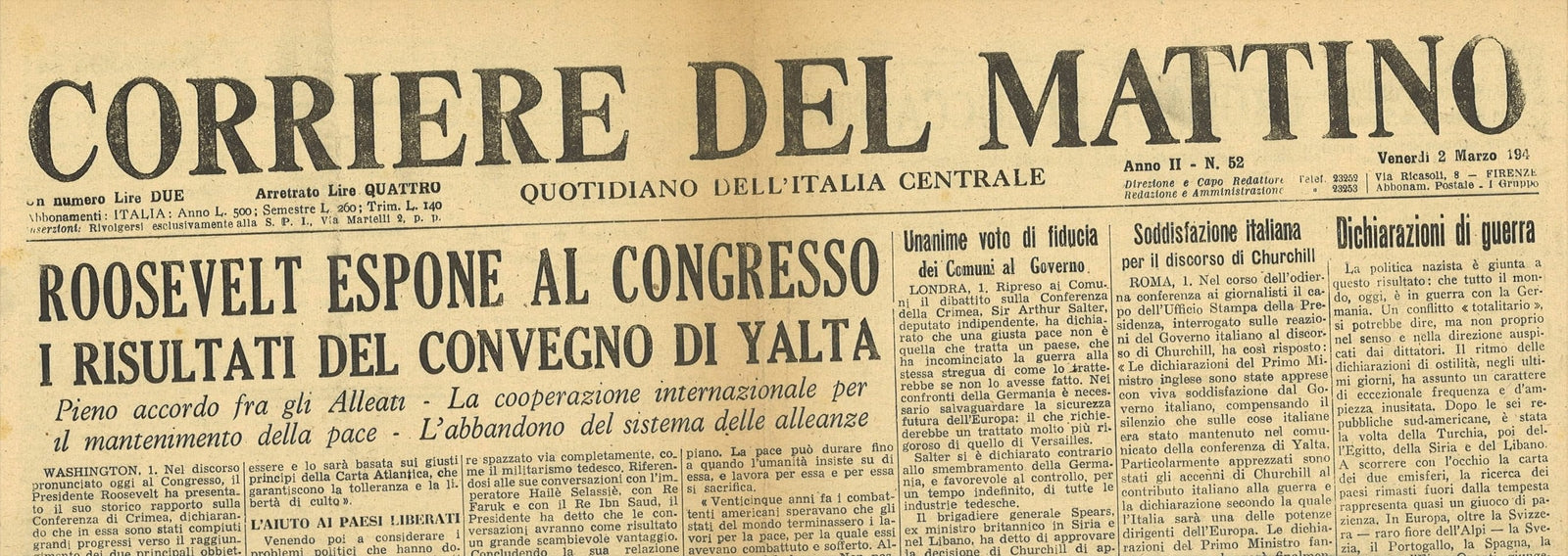 CORRIERE DEL MATTINO 2 MARZO 1945 - ROOSVELT CONGRESSO YALTA