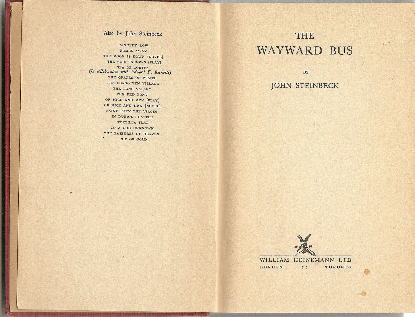 THE WAYWARD BUS - JOHN STEINBECK  Heinemann 1^ Edizione 1947  english text