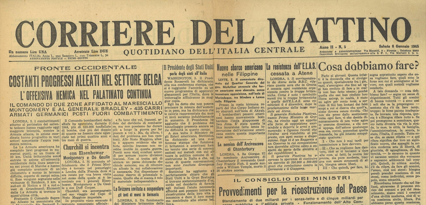 CORRIERE DEL MATTINO 6 GENNAIO 1945 - OFFENSIVA BELGIO E BUDAPEST