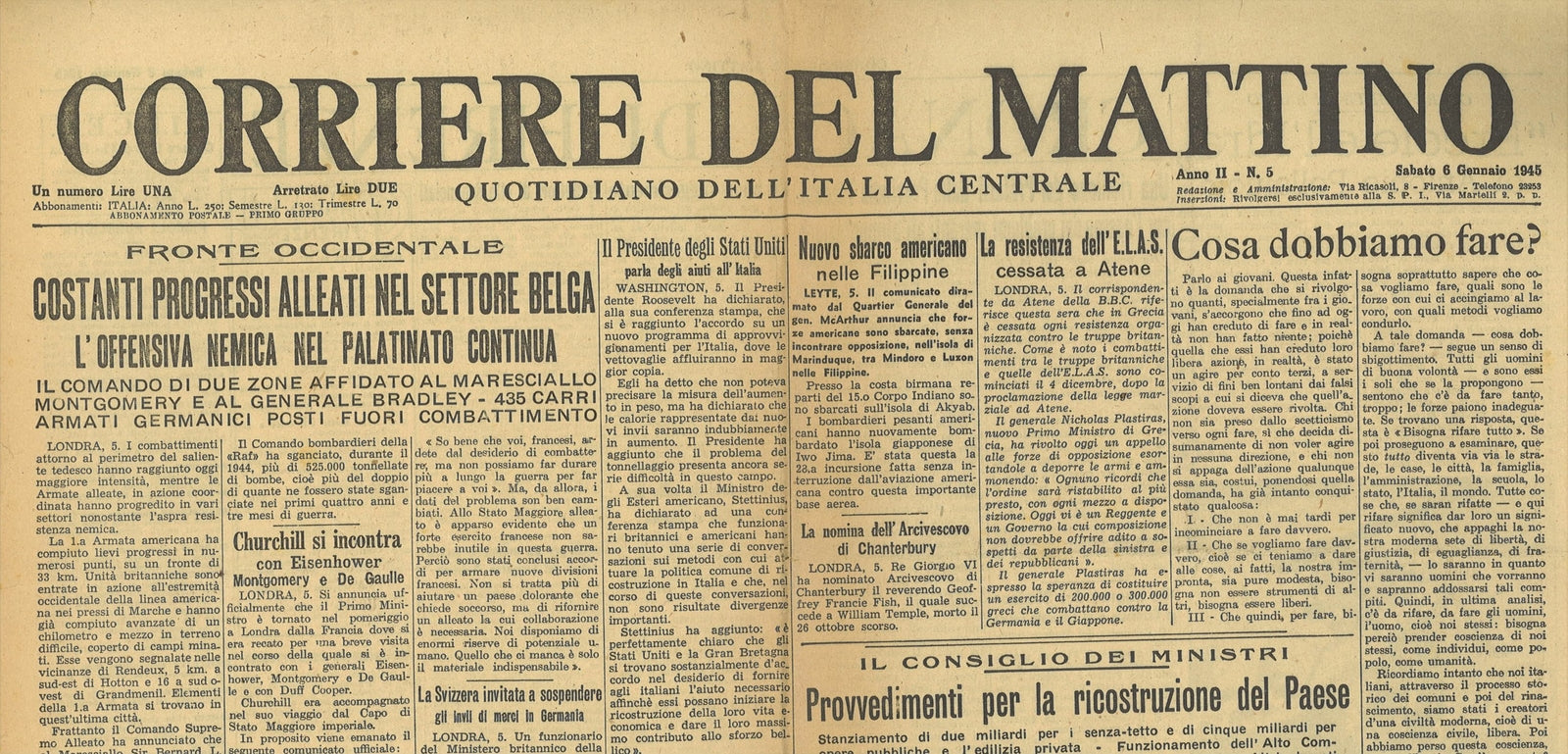 CORRIERE DEL MATTINO 6 GENNAIO 1945 - OFFENSIVA BELGIO E BUDAPEST