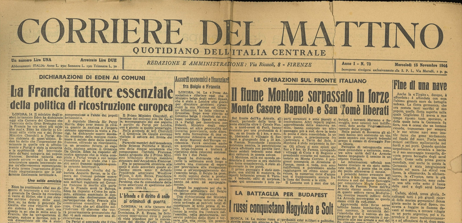 CORRIERE DEL MATTINO 15 NOVEMBRE 1944 - DICHIARAZIONE DI EDEN - OFFENSIVA METZ -