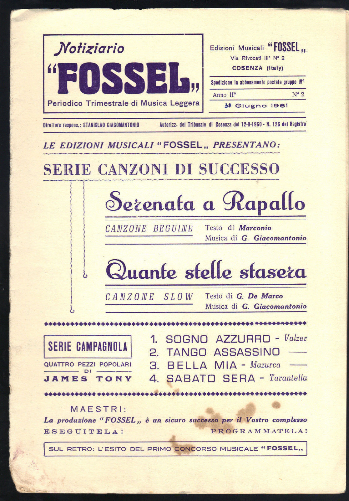 NOTIZIARIO "FOSSEL" - GIUGNO 1961 # SPARTITO - 6 BRANI