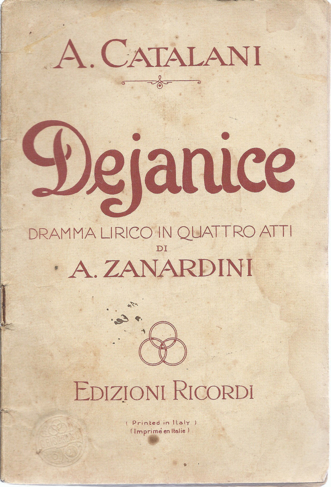 DEJANICE - A. CATALANI # LIBRETTO D'OPERA - A ZANARDINI