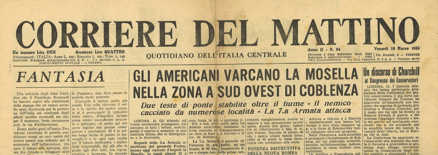 CORRIERE DEL MATTINO 16 MARZO 1945 - MOSELLA - RIMOZIONE HIMMLER