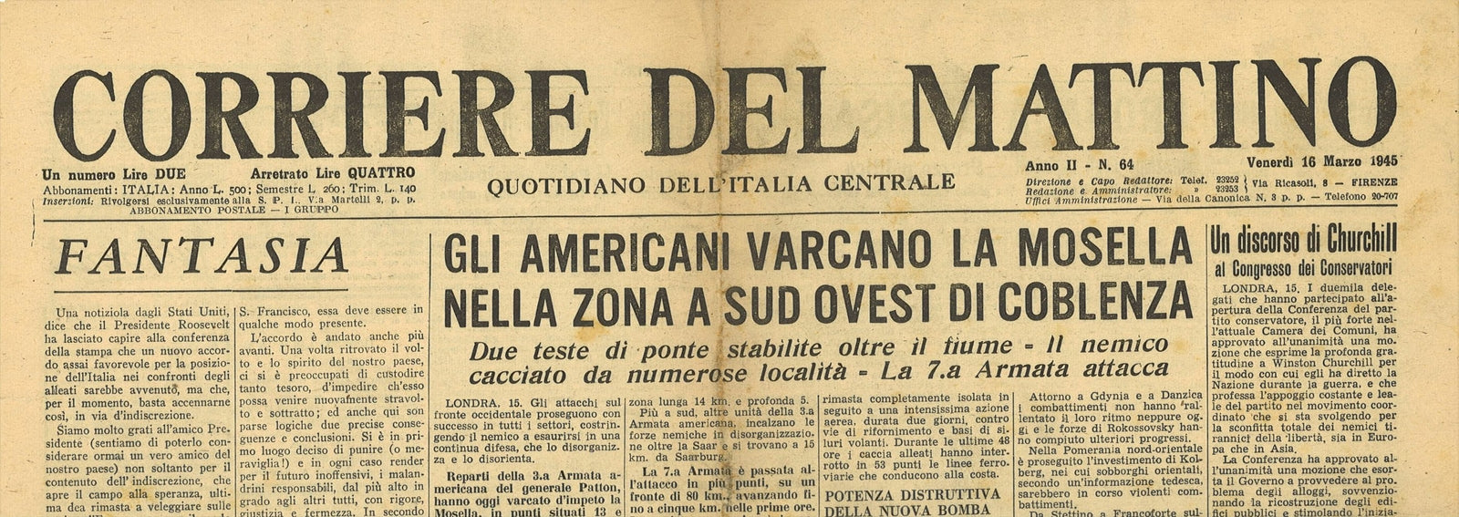 CORRIERE DEL MATTINO 16 MARZO 1945 - MOSELLA - RIMOZIONE HIMMLER