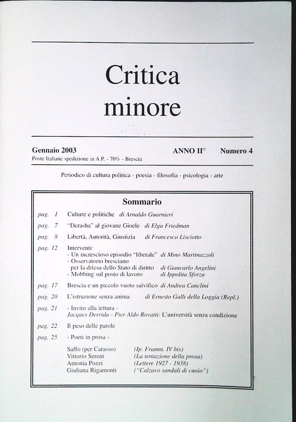 CRITICA MINORE - GENNAIO 2003