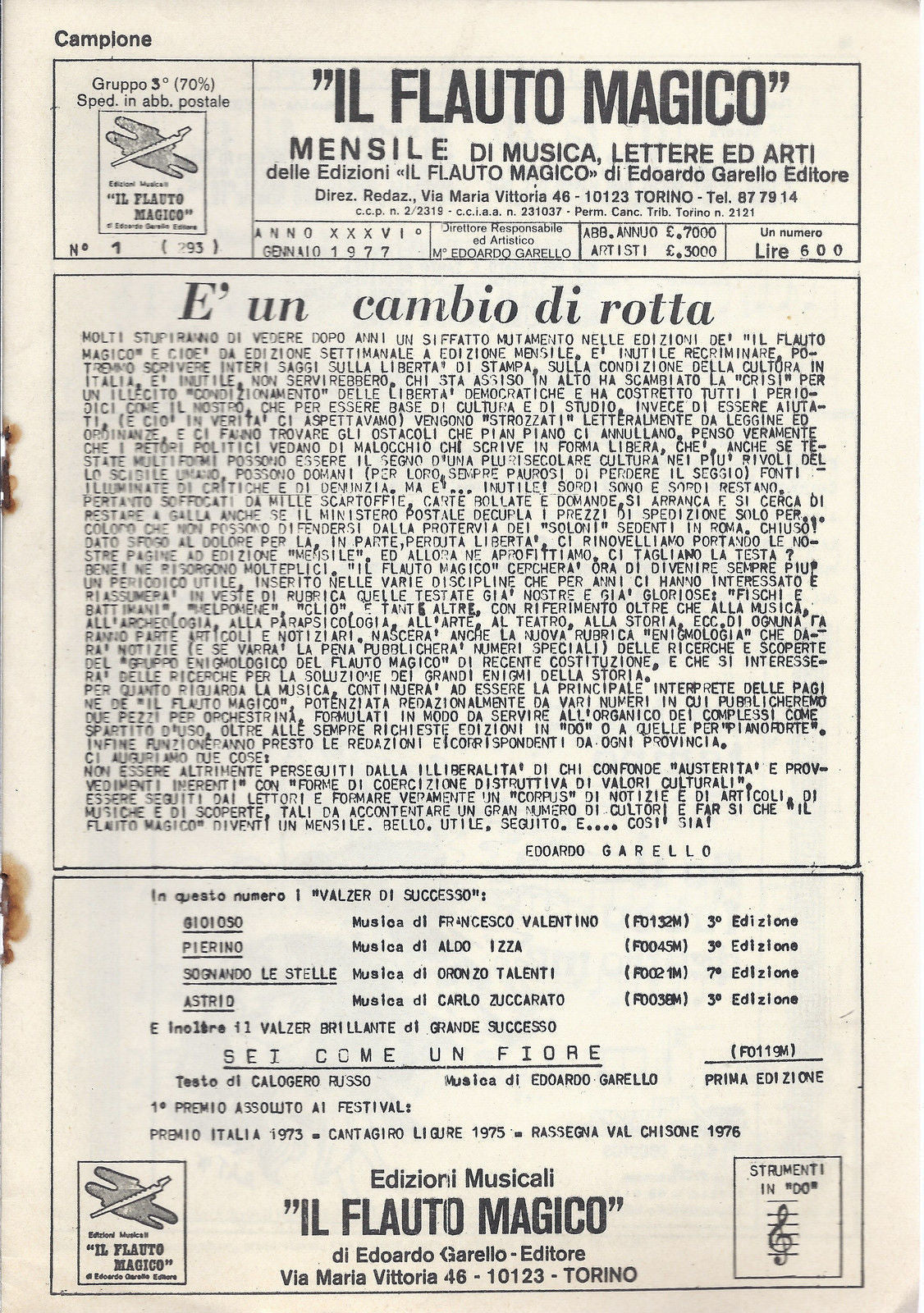 IL FLAUTO MAGICO - MENSILE DI MUSICA n° 1/1977 - 5 BRANI # SPARTITO