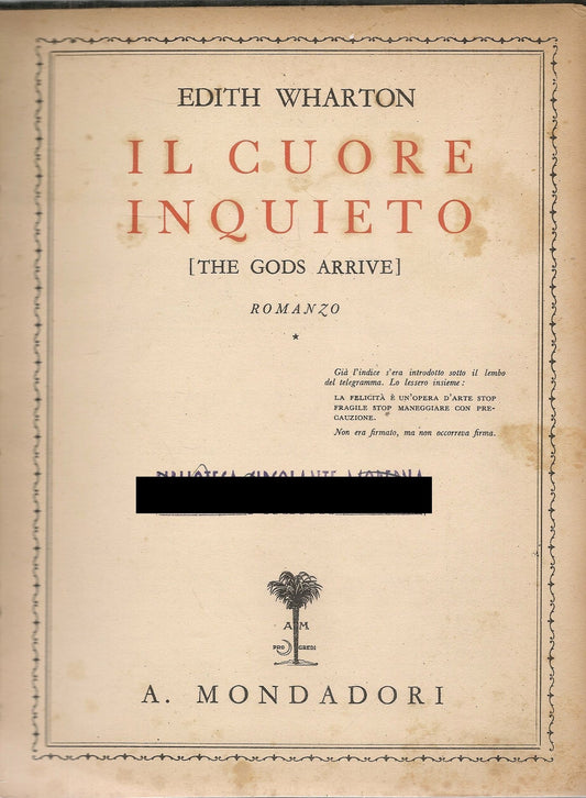IL CUORE INQUIETO - EDITH WHARTON - MONDADORI 1934