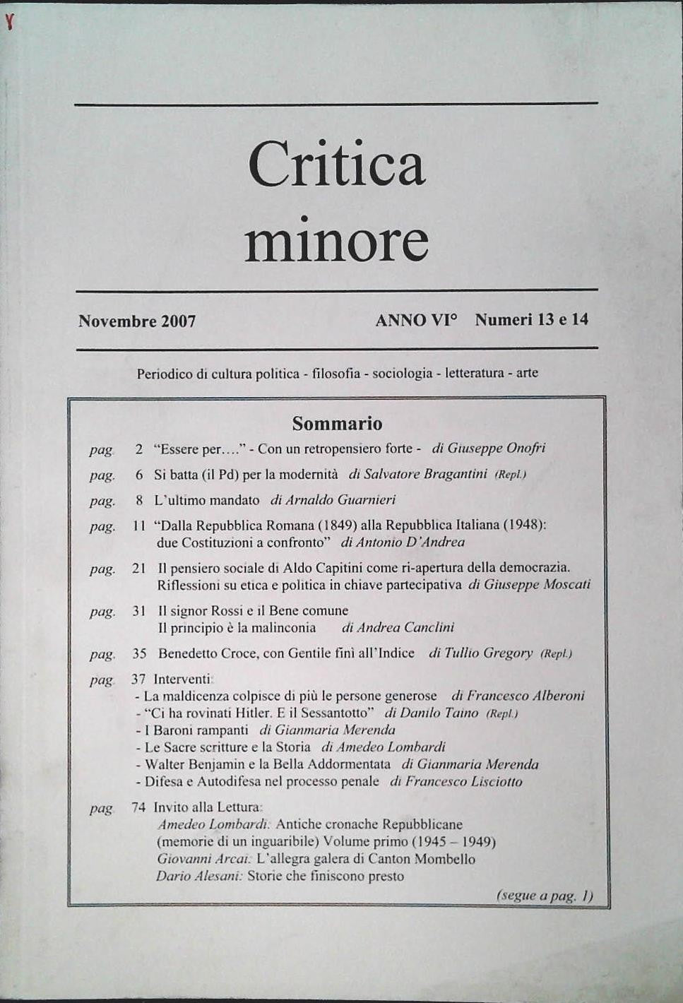 CRITICA MINORE - NOVEMBRE 2007