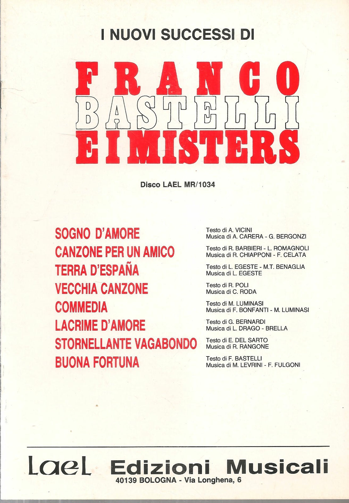 FRANCO BASTELLI E I MISTERS - 8 BRANI - SPARTITO-SHEET MUSIC