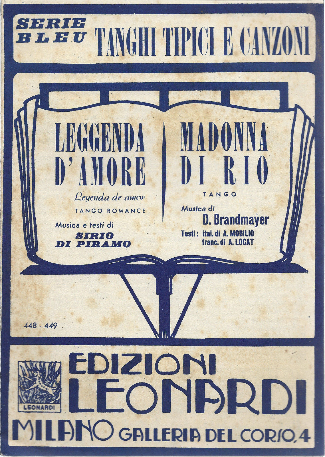 LEGGENDA D'AMORE  S. Di Piramo - MADONNA DI RIO  Locat-Brandmayer # SPARTITO