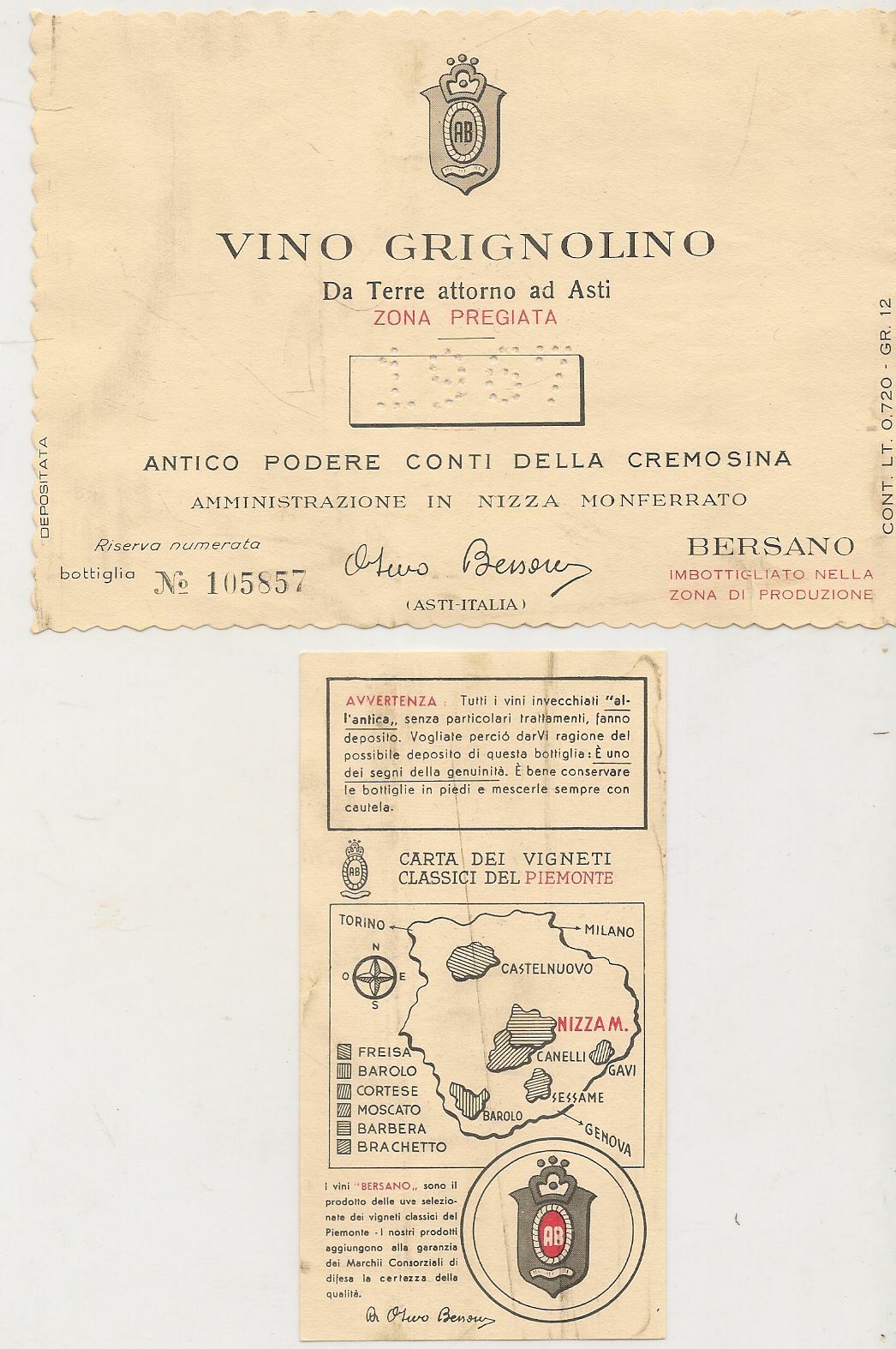 GRIGNOLINO - PODERE DELLA CREMOSINA - 1967 - ETICHETTA VINO