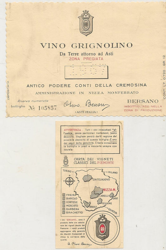 GRIGNOLINO - PODERE DELLA CREMOSINA - 1967 - ETICHETTA VINO