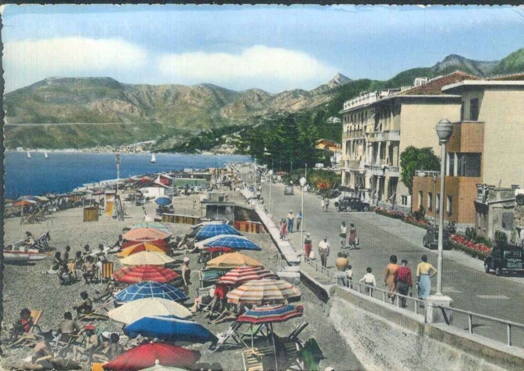 BORDIGHERA - HOTLE PARIGI E LUNGOMARE - V1957 - ACQUARELLATA
