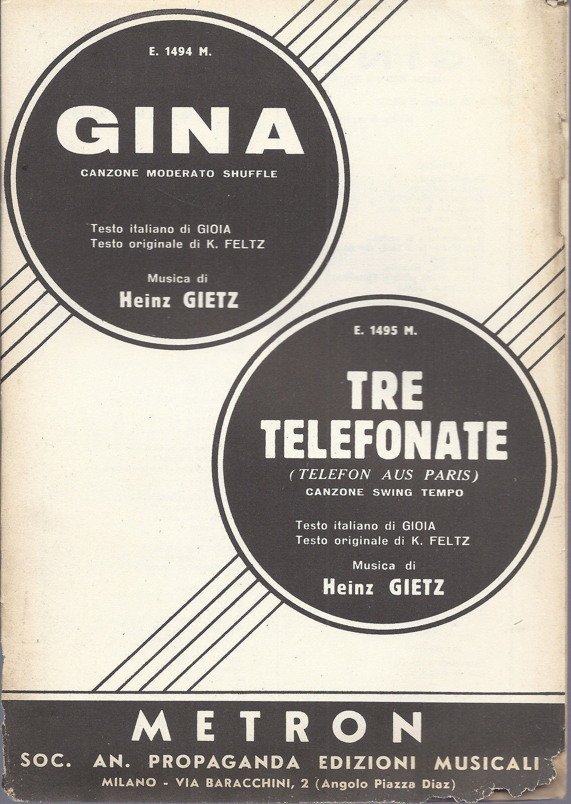 GINA -- TRE TELEFONATE ( TELEFON AUS PARIS ) Gioia, Feltz - H. Gietz # SPARTITO