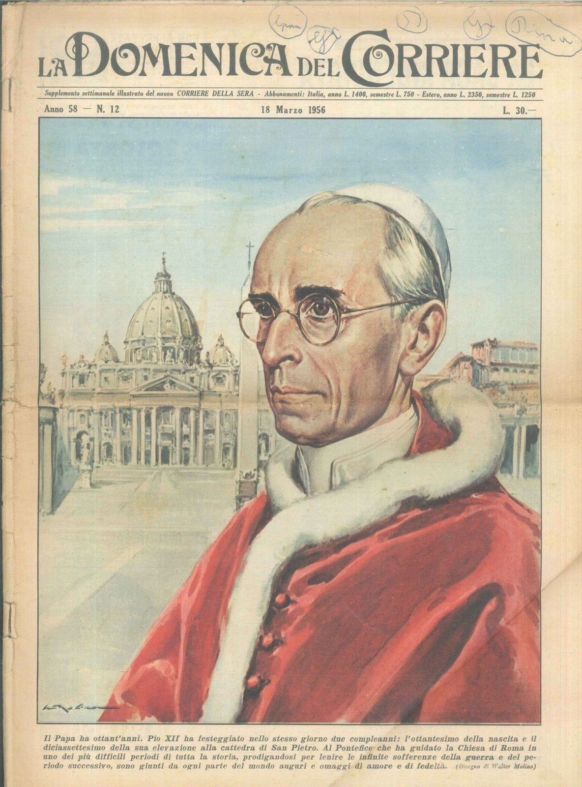 DOMENICA DEL CORRIERE N 12 - 18 MARZO 1956 - ILL. WALTER MOLINO